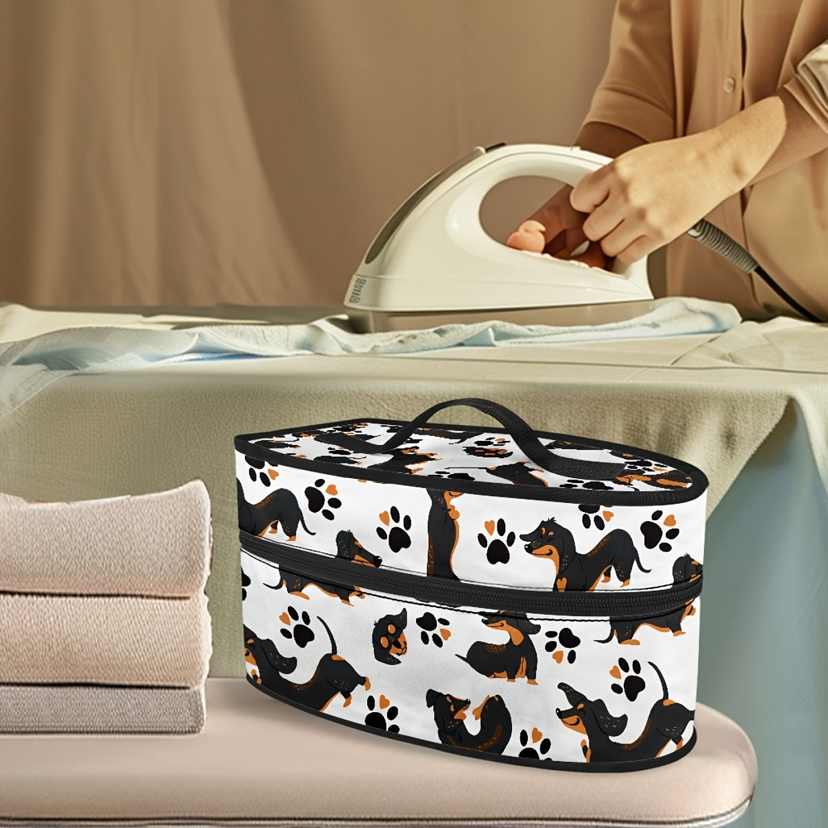 Portable Iron Storage Bag for Dachshund, Non-Electric Travel Case with Dual Zipper and Handle for Dust-Proof Iron Carrying Organizer