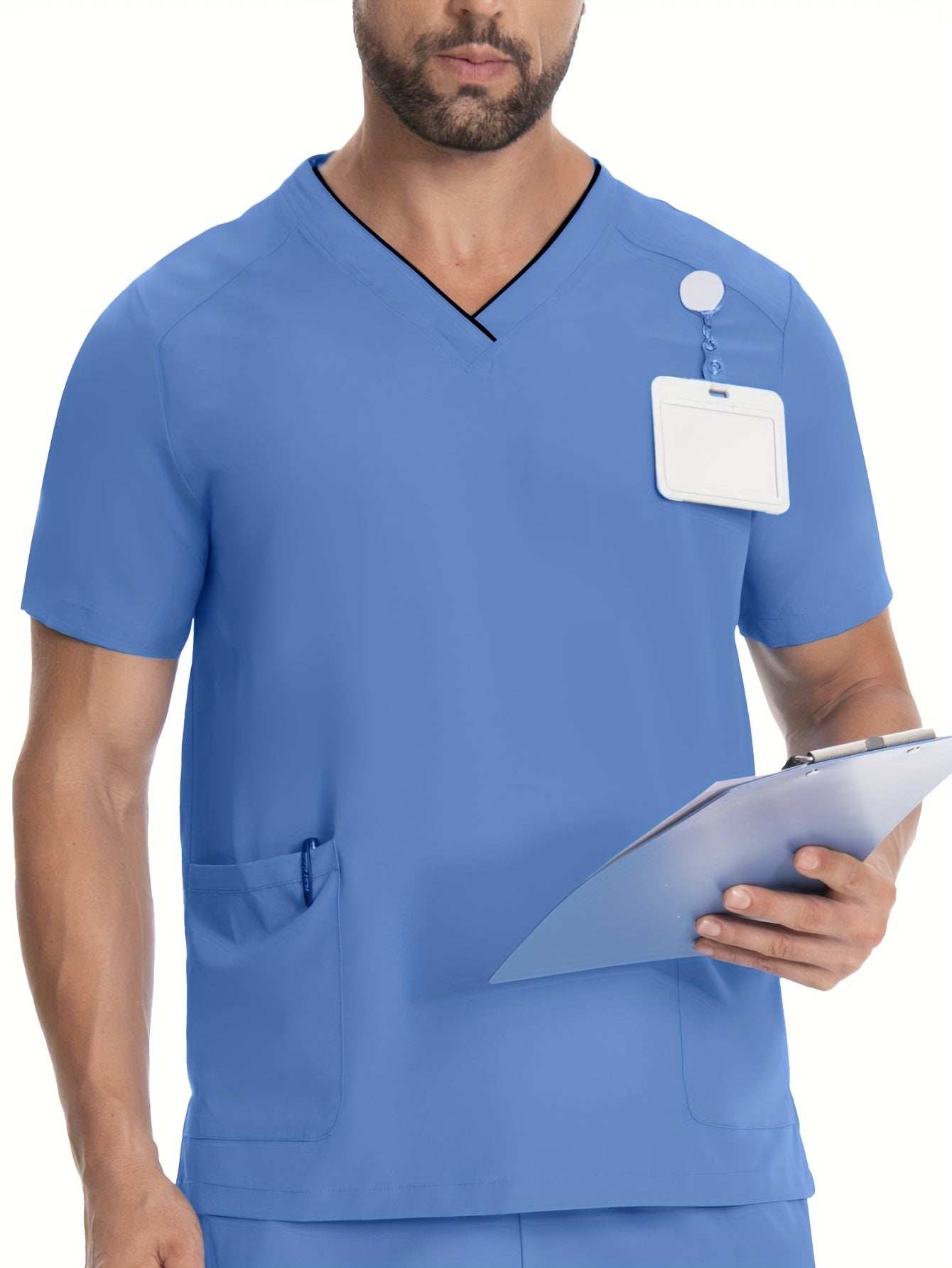 Men's Short Sleeve V-Neck Scrubs with Pockets, Polyester Lab Coat, Breathable with Slight Stretch, Regular Fit, Ideal for Pet Grooming and Medical Uniforms in Spring/Summer/Fall.