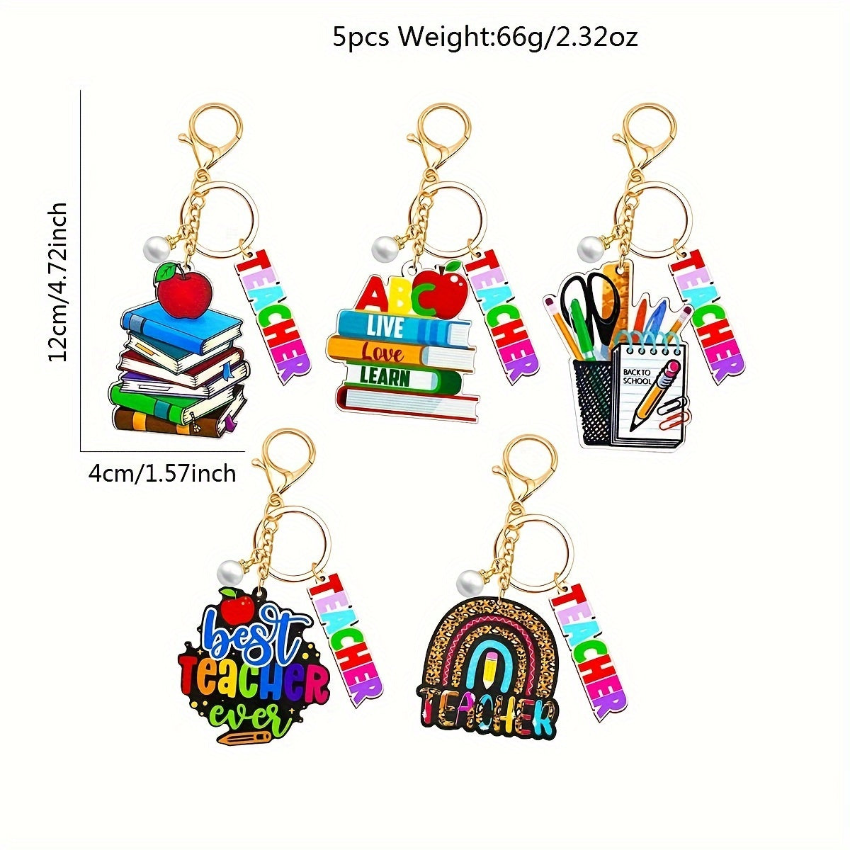 Set of 5 Teacher Appreciation Keychains, Featuring Cartoon-themed Alloy and Wood Designs with Tassels, Round Shape, Lobster Clasp, Perfect for Homecoming Festival Decor, Ideal for Both Men and Women