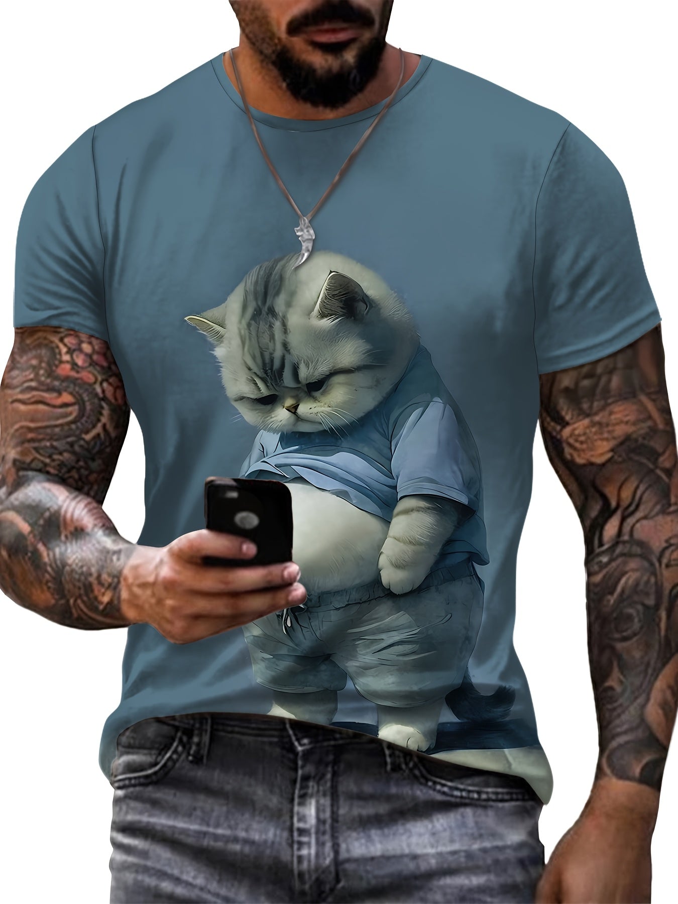 Men'S 3D Cartoon Cat Print T-Shirt, Regular fit tee made of 90% Polyester and 10% Spandex with crew neckline and slight stretch for daily wear & outdoor activities.