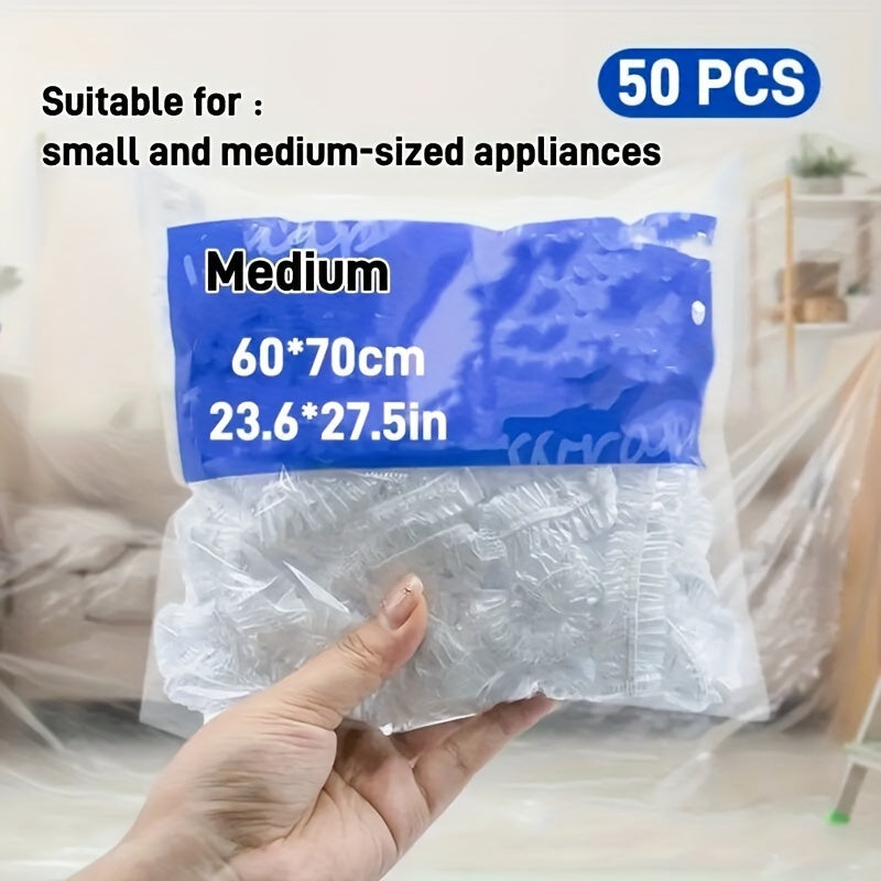 Disposable transparent thick dust covers, ideal for household appliances including toasters, gas fryers, instant cookers, fans, and microwave ovens. Perfect for cleaning, moving, or storing idle electrical appliances. Comes in a pack of 50 pieces.