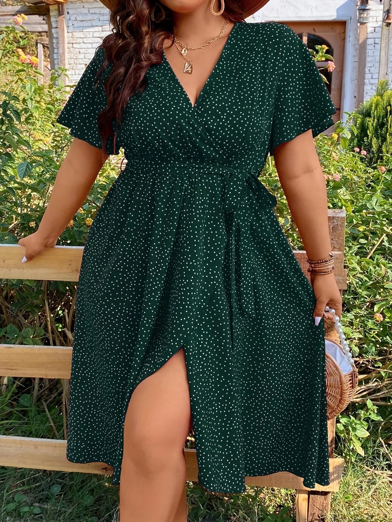 Plus size pin dot print belted dress for spring & summer in women's plus size.