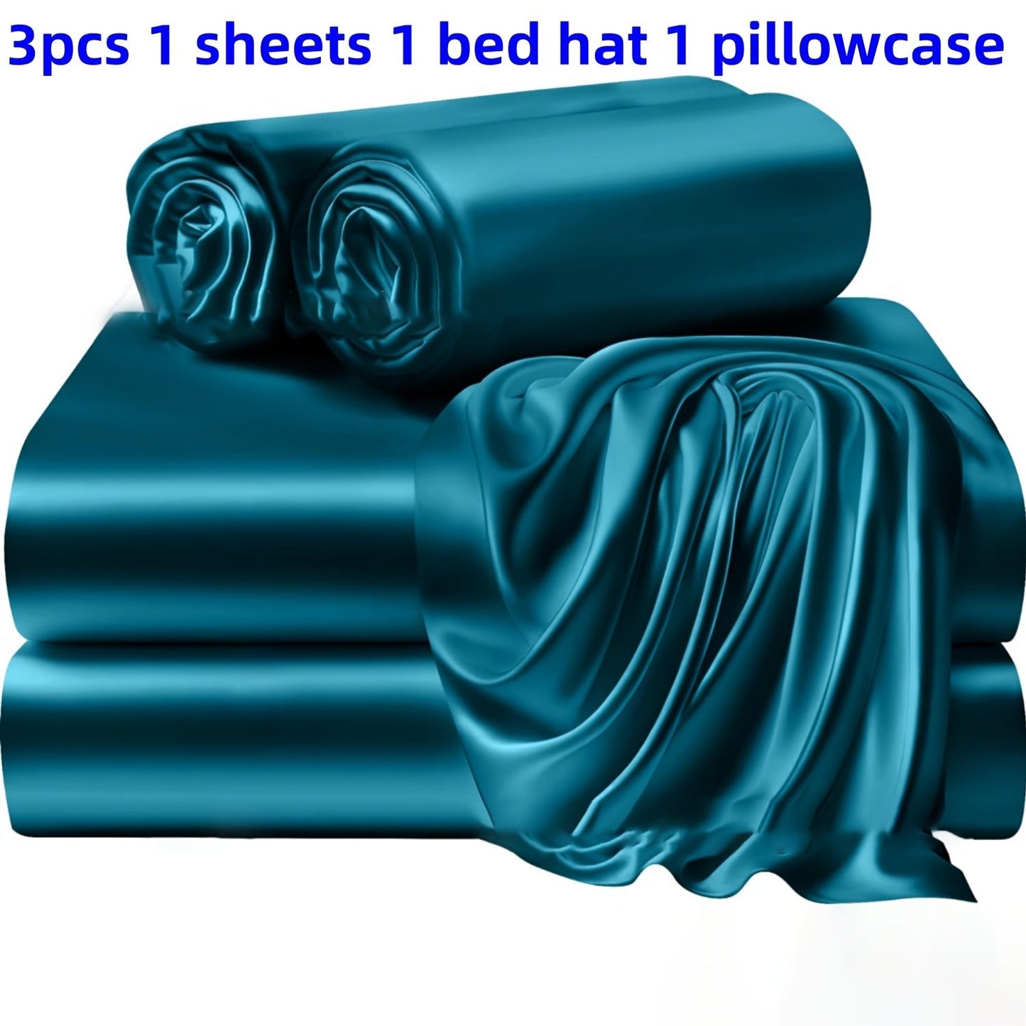 A set of three or four solid color bed sheets and bed skirts, along with half the number of pillowcases, all soft and silky.