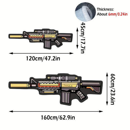 Polyester rug shaped like a cartoon M4A1 rifle; irregular shape, lightweight, non-slip, washable, knit weave, machine-made with rubber backing. Hand wash only, soft and comfortable for living room, bedroom, or bedside use.