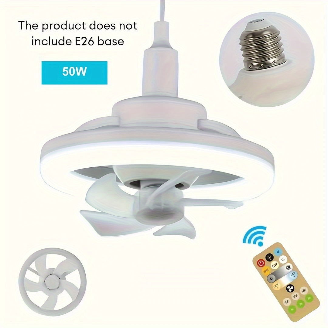 LED rotating fan light with adjustable color, wind speed, and timing function, controlled by remote. Ideal for bedrooms, study rooms, and offices.