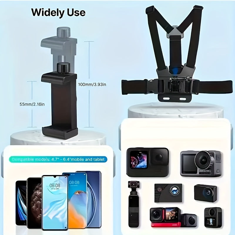 6-piece action camera accessory kit with waterproof phone clip mount for GoPro, Osmo, and more.