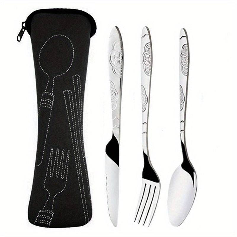 3-piece stainless steel camping cutlery set with portable bag