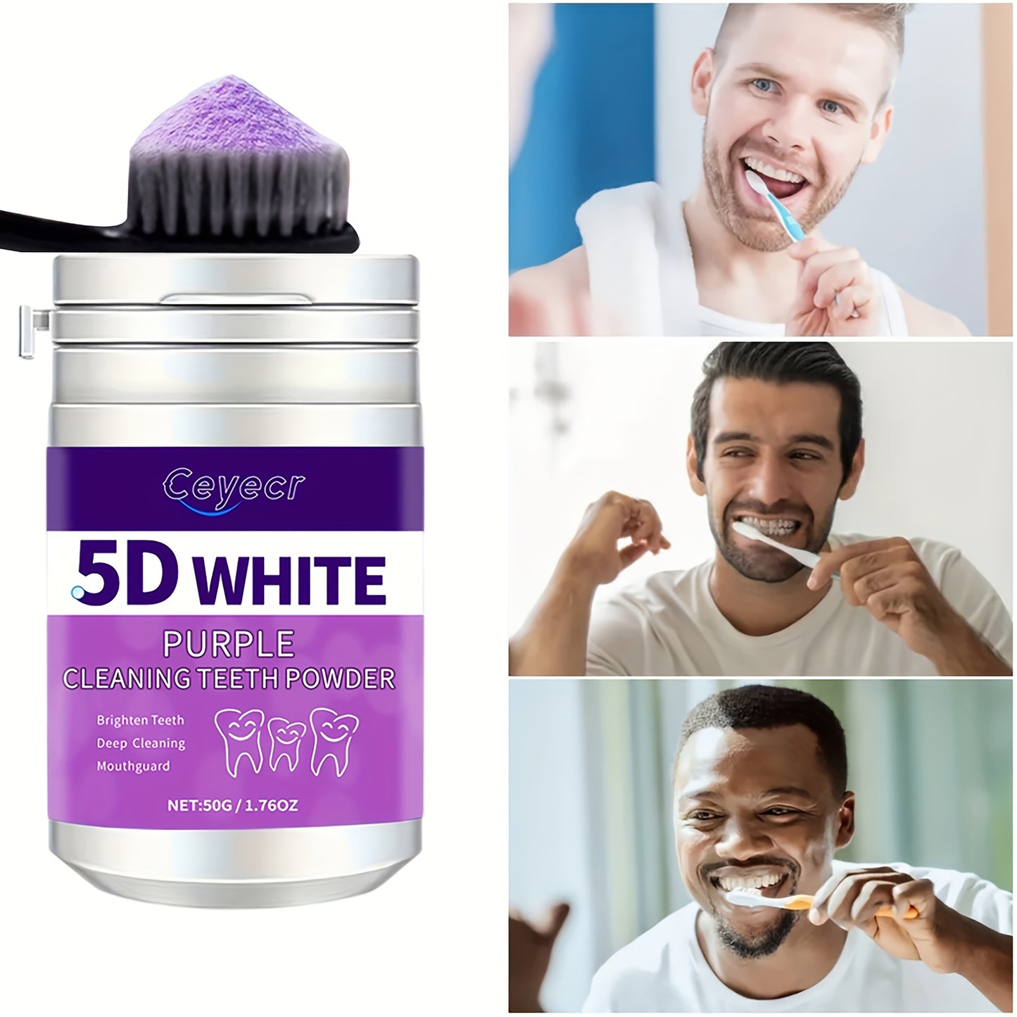 1pc CEYECR 5D White Purple Teeth Whitening Powder - Natural Pearl Formula, 50g - Ideal for Daily Use & Travel, Men & Women, Fresh Breath & Deep Cleaning.