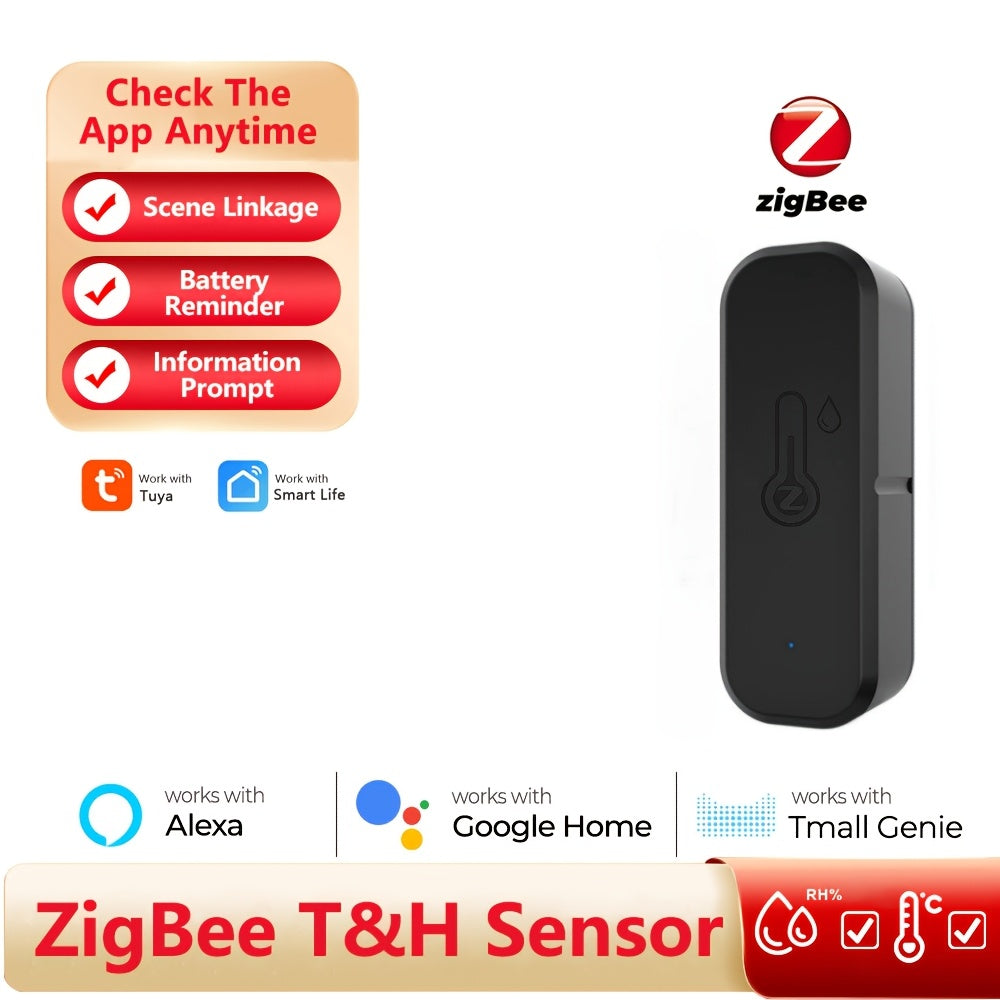 Smart sensor for detecting temperature and humidity changes, connects to WiFi/ZigBee protocol for app control of air conditioner and humidifier. Can be operated remotely via mobile phone