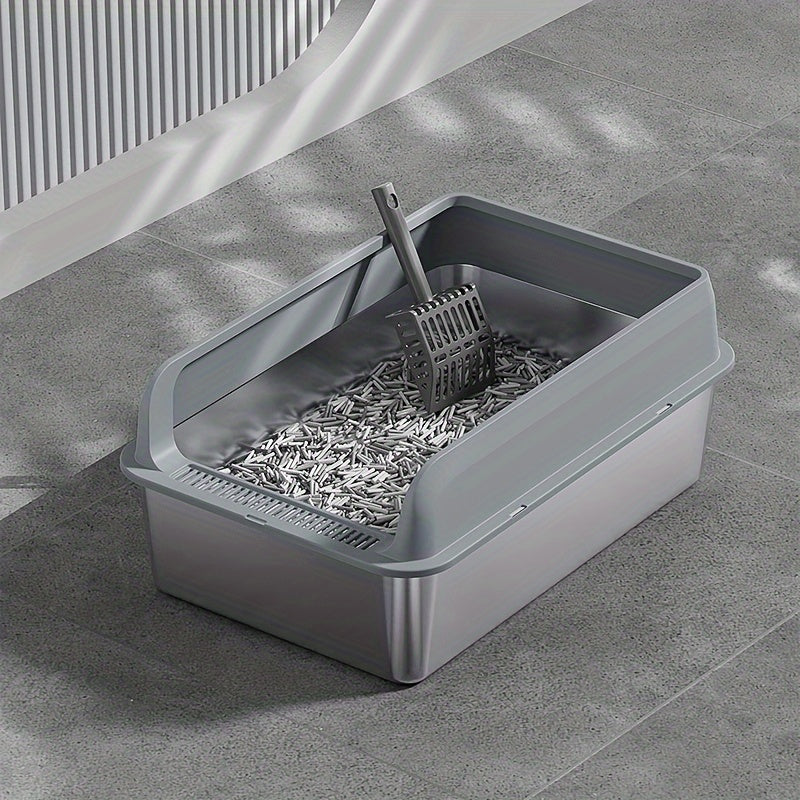 Large stainless steel cat litter box with enclosed top, high-sided, odor-resistant, leak-proof, easy to clean, includes scoop.