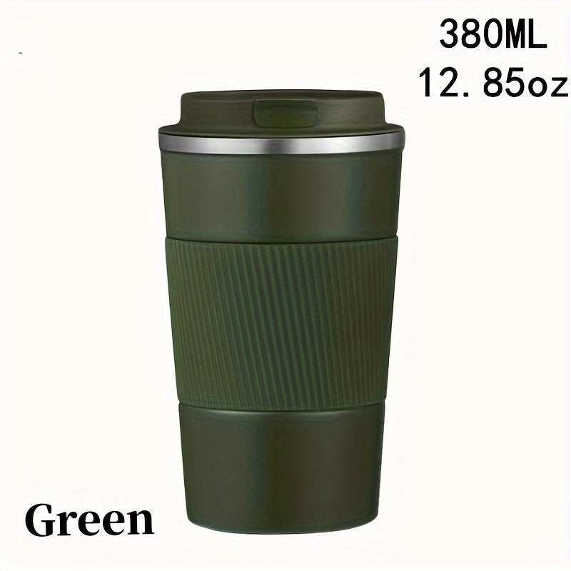 Stainless steel travel mug, available in 12.85oz or 17.25oz sizes. Features vacuum insulation for keeping drinks hot or cold, spill-proof leakproof lid, and double-walled design. Perfect for coffee, tea, or beer on-the-go. Reusable and durable.