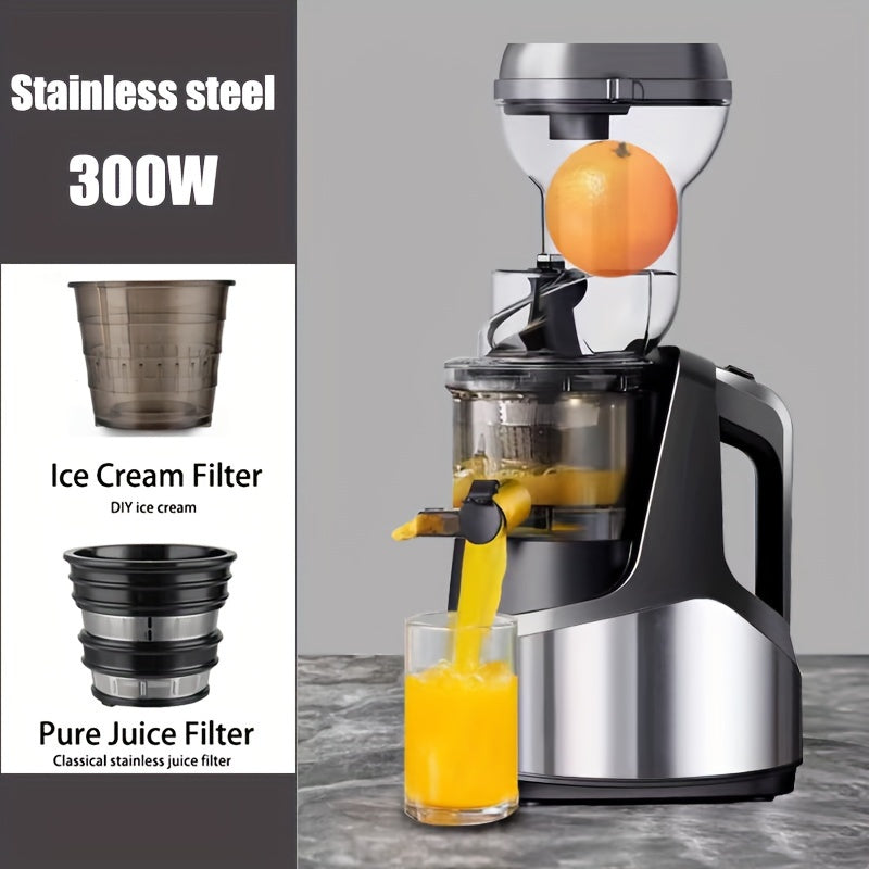 EU Plug Hilton Cold Press Juicer, 300W медленный жевательный соковыжиматель с большим загрузочным отверстием для целых фруктов и овощей, легкий в очистке, высокий выход сока, домашнее мороженое, нержавеющая сталь