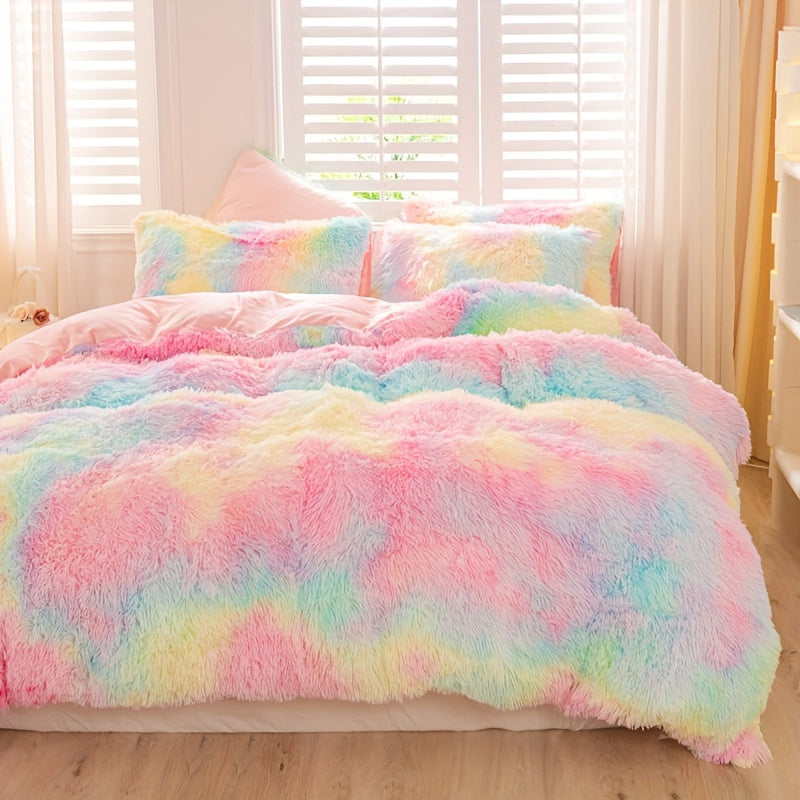 Y2K Tie Dye Plush Duvet Cover Set includes 3 pieces (1 Duvet Cover + 2 Pillowcases), providing soft and warm bedding.