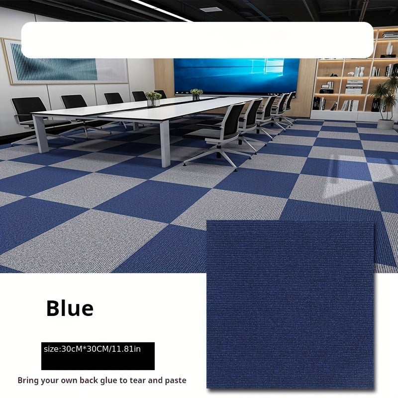 Pack of multiple self-adhesive carpet tiles in a square shape, suitable for both office and home use. These non-slip foam backed polyester rugs are machine-made with a solid pattern, making them perfect for enhancing the decor of any room, office, or