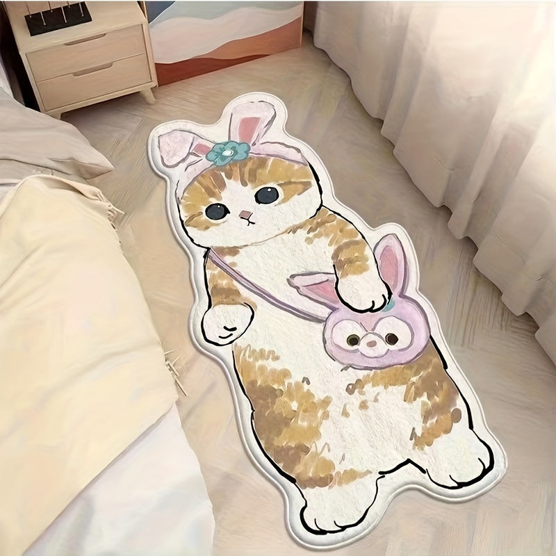 WhimsyCat Water-Resistant Cartoon Cat Floor Mat - 1 Piece, Made of Polyester Fiber with Rubber Backing, Non-Slip, Machine Washable, Unique Irregular Shape for Indoor Bedroom Use