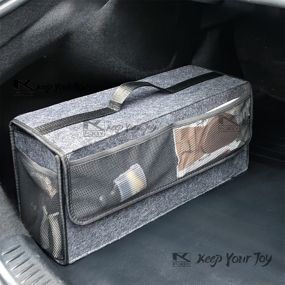 Folding storage box for car interior in black and grey, featuring hook-and-loop fastener for easy installation.