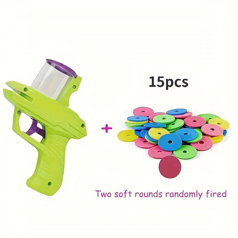 Interactive cat toy launcher with plaid pattern, durable plastic, foam discs included, battery-free fun for pets.