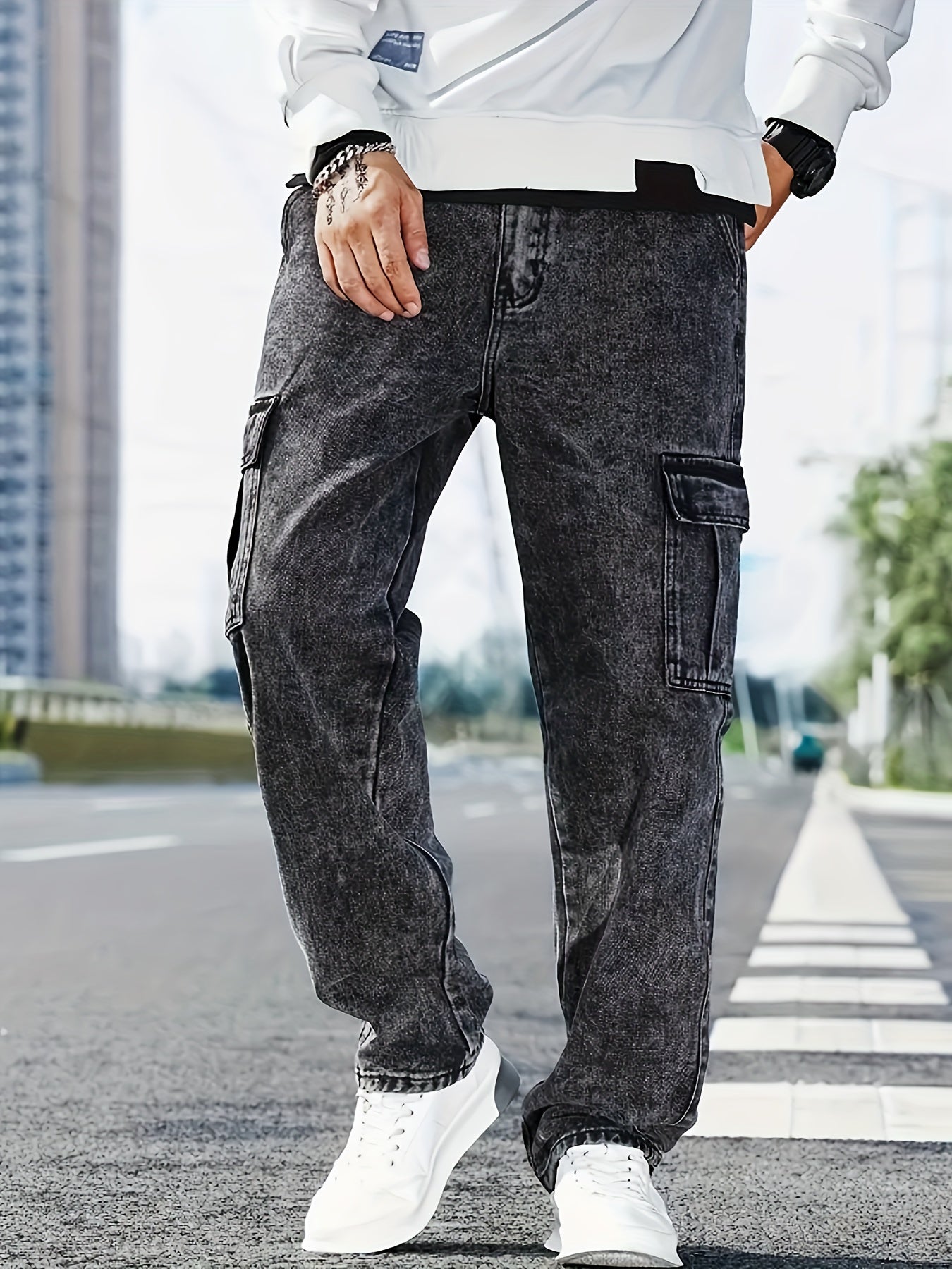 Fashionable plus size men's denim jeans with stretch fabric and multiple pockets for all-season comfort.