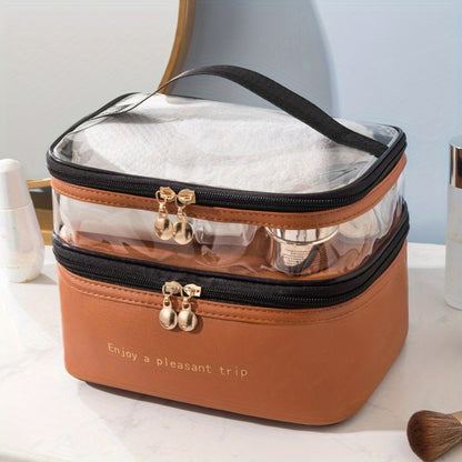 Stylish and practical travel makeup bag with double layers, made of waterproof PU material, featuring a transparent wash bag and large storage capacity.