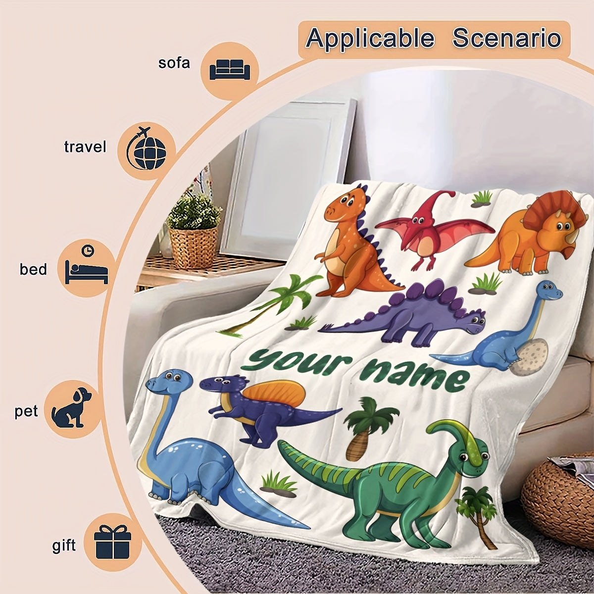 Soft and cozy dinosaur cartoon flannel throw blanket - great for all seasons, makes the perfect gift for bedroom decor.