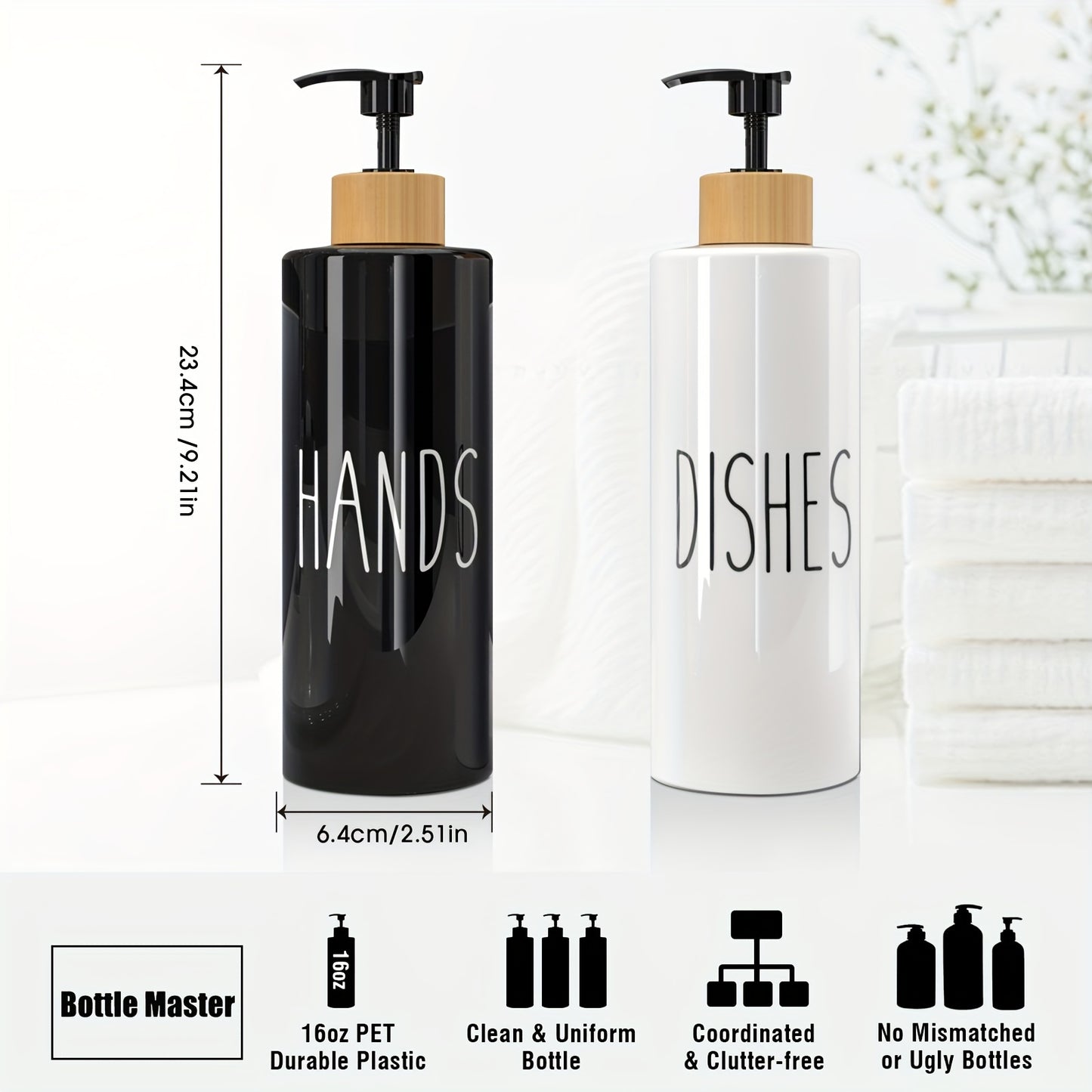 Set of 2 refillable soap dispensers with 16.91oz PET plastic bottles and wooden tray for kitchen use.