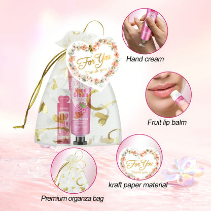 12-piece MISS FACTORX Hand Cream & Lip Balm Gift Set with hyaluronic acid and glycerin, floral-scented products in heart-shaped pouches and thank you cards, perfect for weddings, corporate