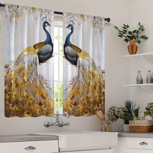 Enhance the Elegance of Your Home with These 2pcs Golden Feather Peacock Printed Curtains!