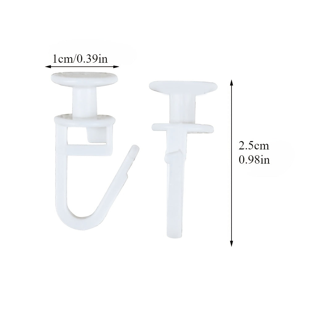 Set of 20 white plastic shower curtain hooks with pleated design for smooth movement. Durable and modern bathroom décor.