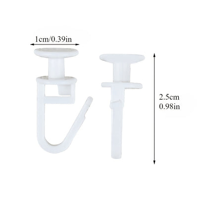 Set of 20 white plastic shower curtain hooks with pleated design for smooth movement. Durable and modern bathroom décor.