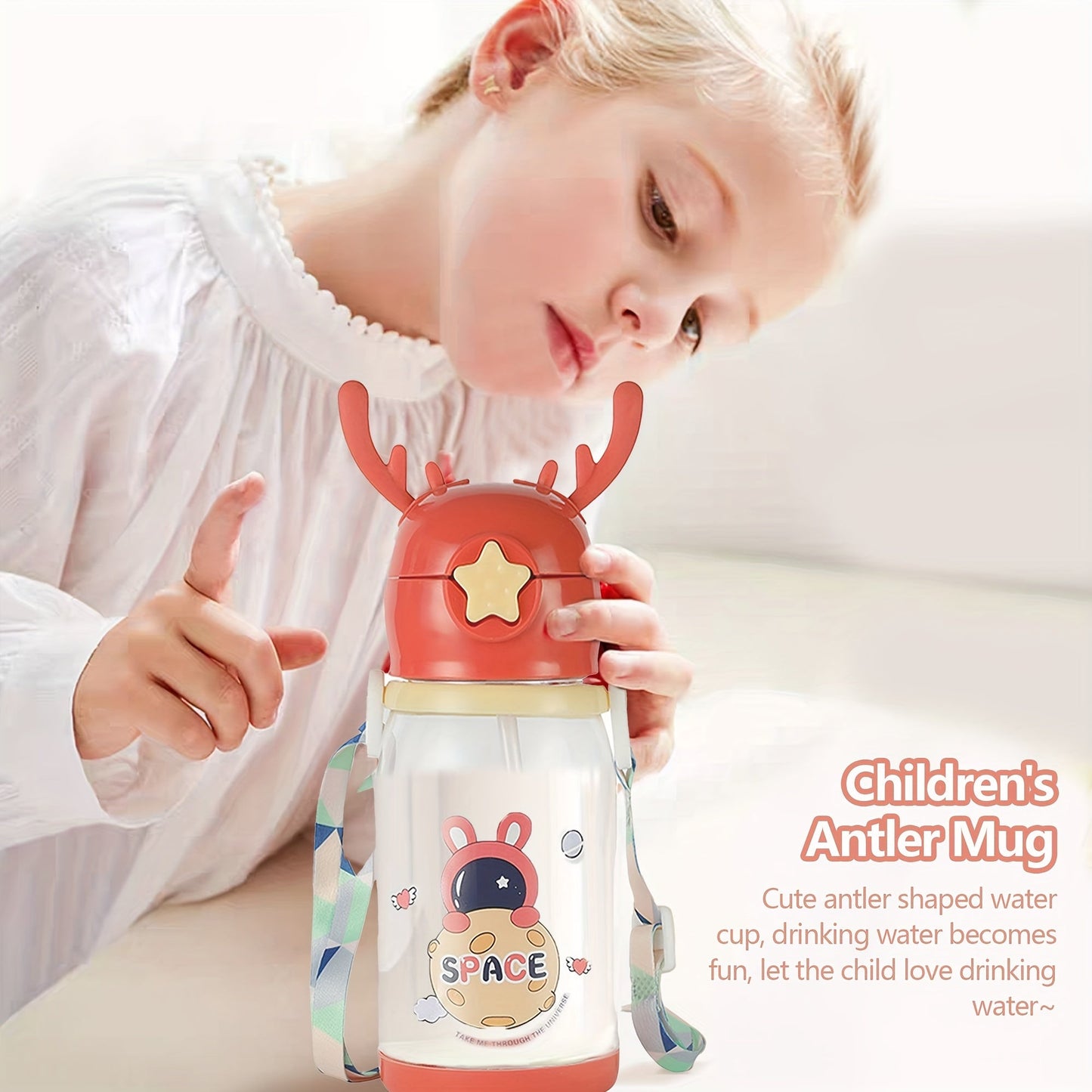 Charming 600ml Kids' Water Bottle Shaped Like Antlers with Straw - Spacious, Sturdy & Eco-Friendly, Great for Both Boys & Girls, Comes with Convenient Carry Strap - Fantastic Gift for Birthdays or Holidays