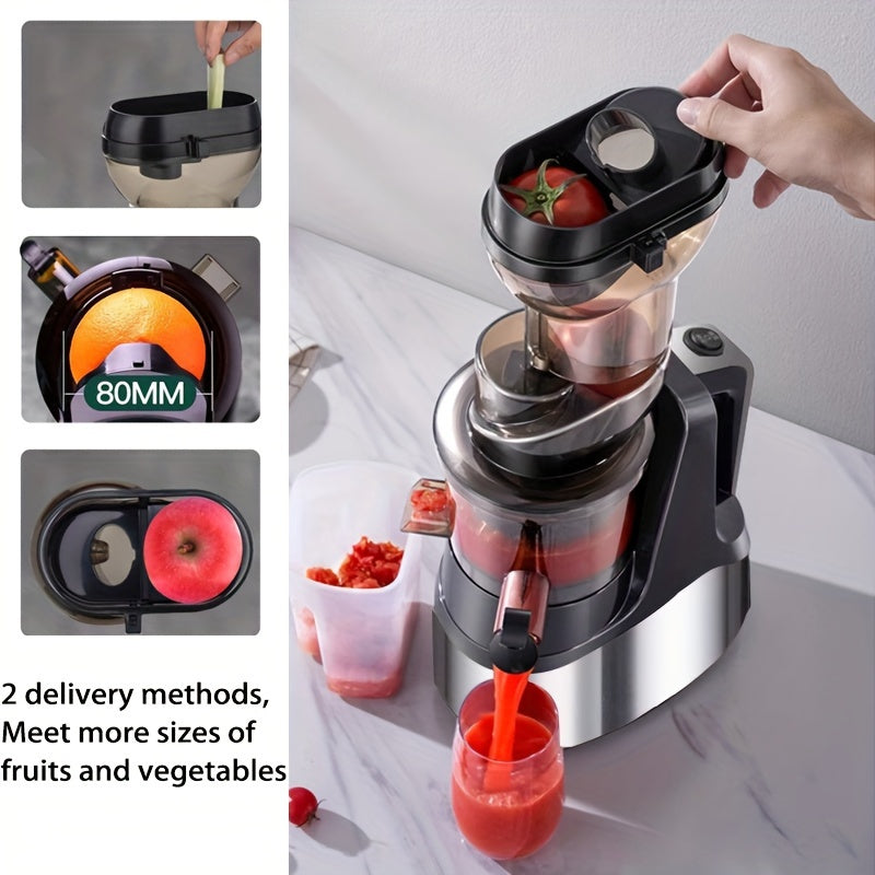 EU Plug Hilton Cold Press Juicer, 300W медленный жевательный соковыжиматель с большим загрузочным отверстием для целых фруктов и овощей, легкий в очистке, высокий выход сока, домашнее мороженое, нержавеющая сталь