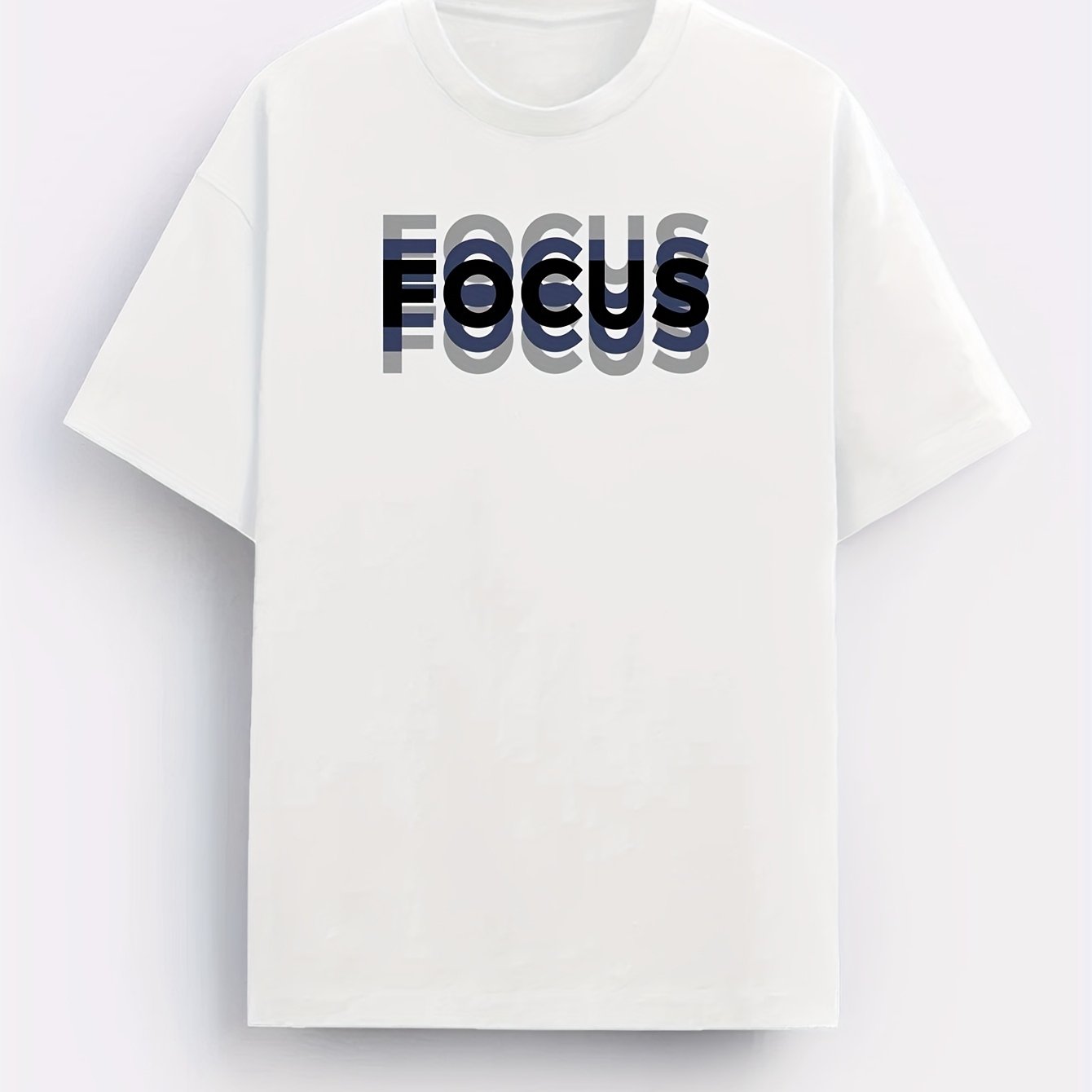 MBDMBD Men's Trendy Letter Print T-Shirt in White with "FOCUS" Design. Made of 180g/㎡ Polyester Blend.