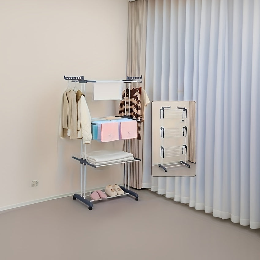 Expandable and foldable 3-tier metal clothes rack for indoor/outdoor use. Freestanding and space-saving design perfect for balcony storage and home laundry drying.