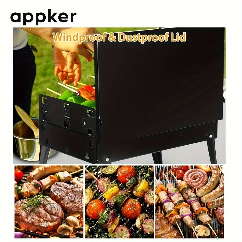 Appker Portable Charcoal BBQ Grill Set with foldable cast iron design, polished finish, windproof & dustproof lid, and includes BBQ tools.