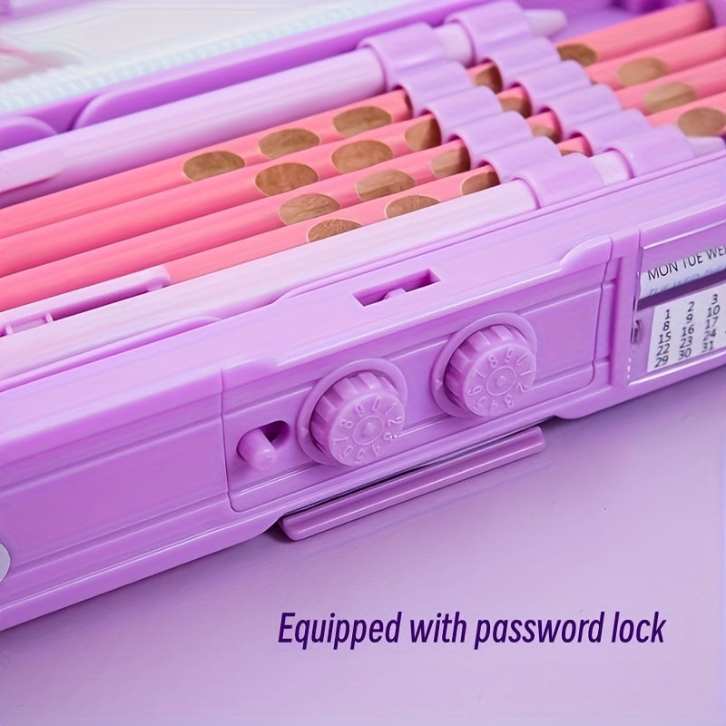 Purple pencil case with password lock, colorful compartments, and secure closure; ideal for girls on the go.