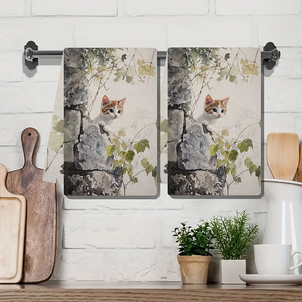 Set of 2 Ultra Soft Kitchen Towels featuring a Curious Kitten in a New Environment Design, Highly Absorbent Dish Hand Towels for Holiday Decor, Machine Washable, 16x24 Inch - Item number 2KYSYS1218439