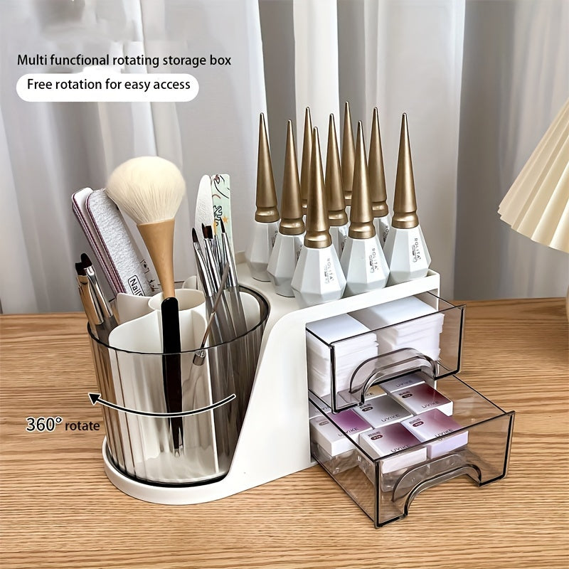 1pc Multi-Functional Rotating Makeup Organizer with 5-Compartment Nail Art Tool Storage, Transparent & Golden Accents, Easy Access Push-Pull Design, Odorless - Ideal for Brushes, Cosmetics