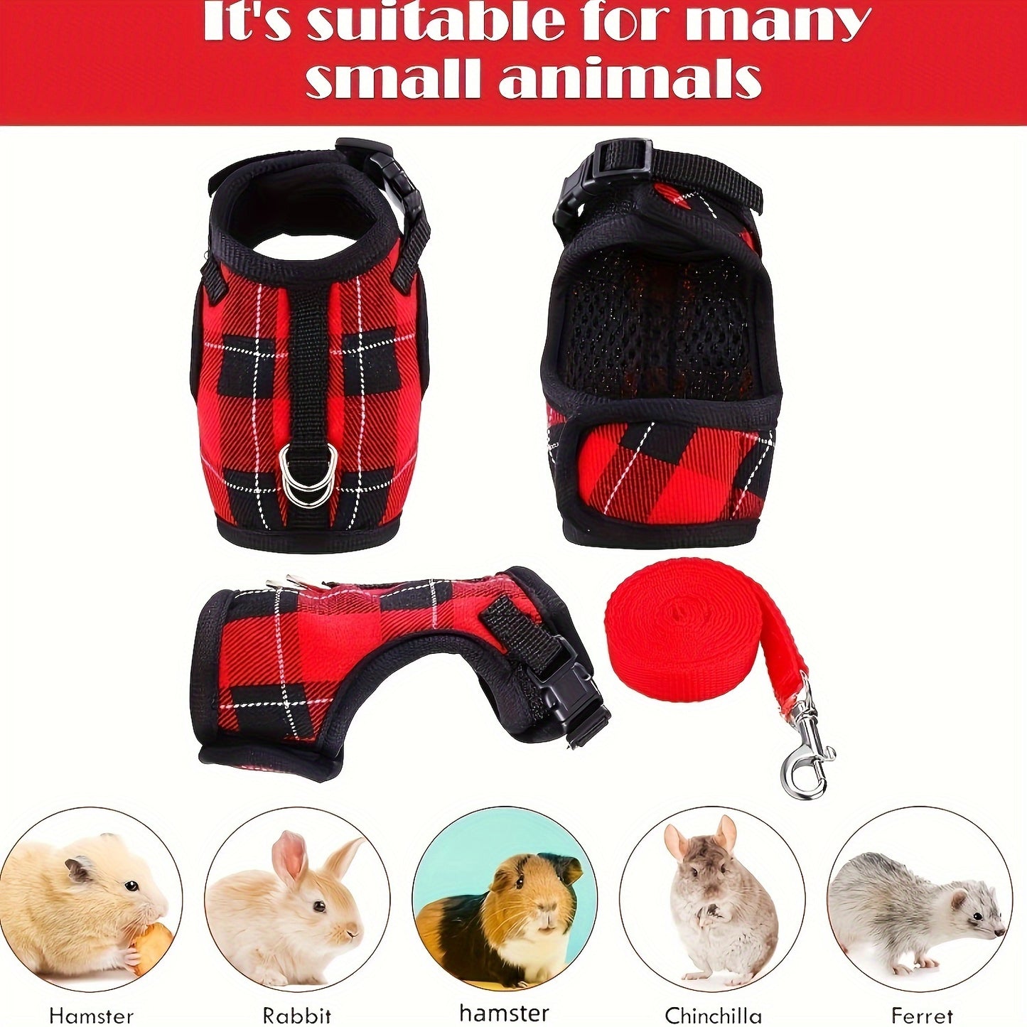 Checkered blue and red hamster harness and leash set with bell for small animals. Adjustable and breathable.