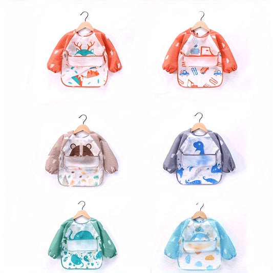 Anti-fouling Feeding Bib with Pockets, Cartoon Design, Waterproof Long-sleeved Smock, Soft Material, Easy Closure, Polyester Fabric, 1 Piece