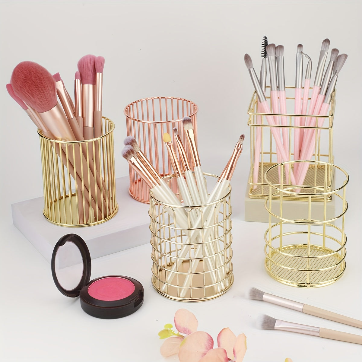 Golden Iron Makeup Brush Holder with Polished Finish, Rust Resistant, Multi-functional Desktop Organizer