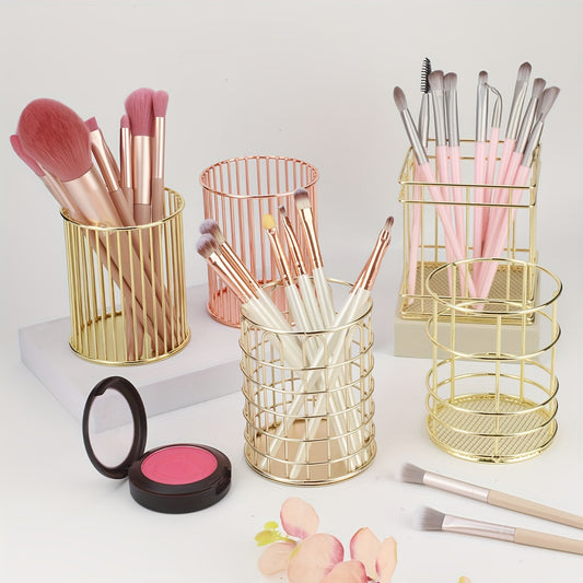 Golden Iron Makeup Brush Holder with Polished Finish, Rust Resistant, Multi-functional Desktop Organizer