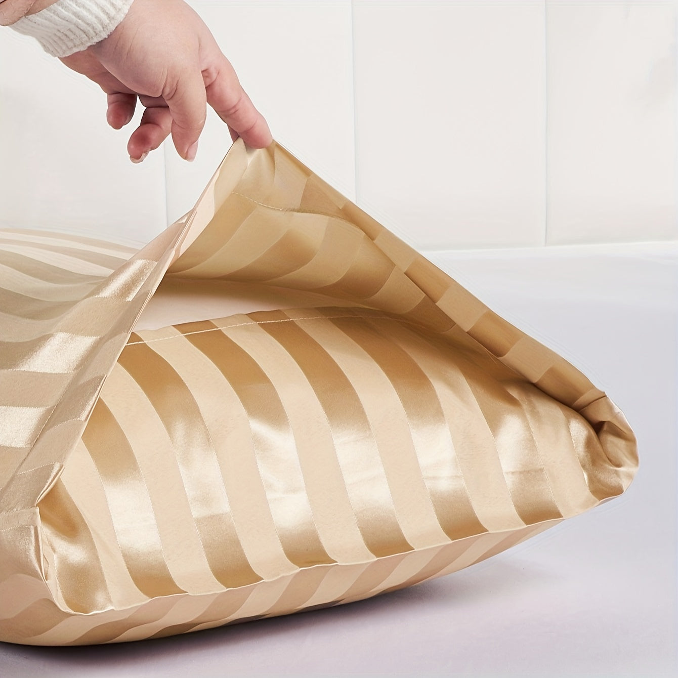 Luxurious Golden Satin Pillowcase for Hair & Skin - Silky Smooth Striped Design, Soft and Stain-Resistant with Envelope Closure - Made of 100% Polyester, Machine Washable - No Filler Required