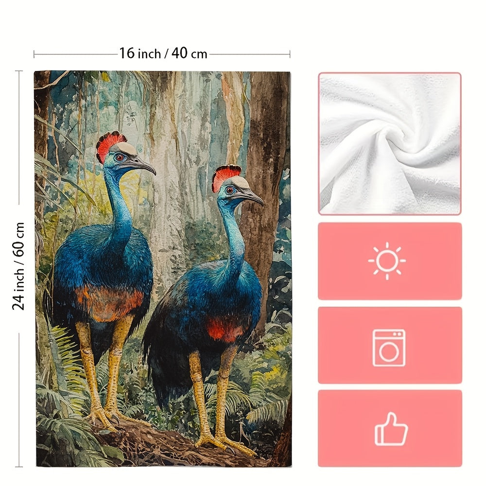 Set of two ultra-soft kitchen towels featuring a vibrant cassowary forest scene. These highly absorbent and machine washable dish hand towels measure 40.64x60.96 cm, making them ideal for holiday decor and everyday use in the kitchen.