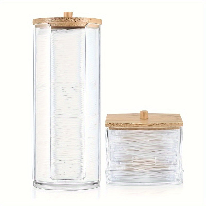 3-piece Boho Chic Swab Holder Set with Bamboo Lids for Bathroom Storage.