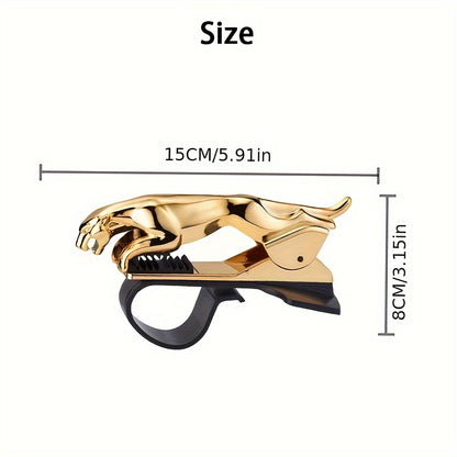 A versatile dashboard clip for the car, combining a phone holder and navigation stand, designed as a golden leopard.