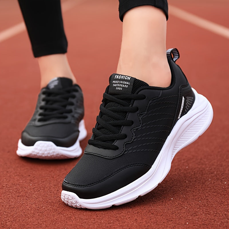 Women's water-resistant fashion sports sneakers with solid color, low top design, lace-up closure, EVA sole, superfine fiber insole, and all-season PU upper for comfort.