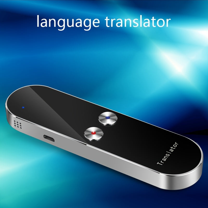 Portable smart language translator device for real-time voice translation during travel or business.