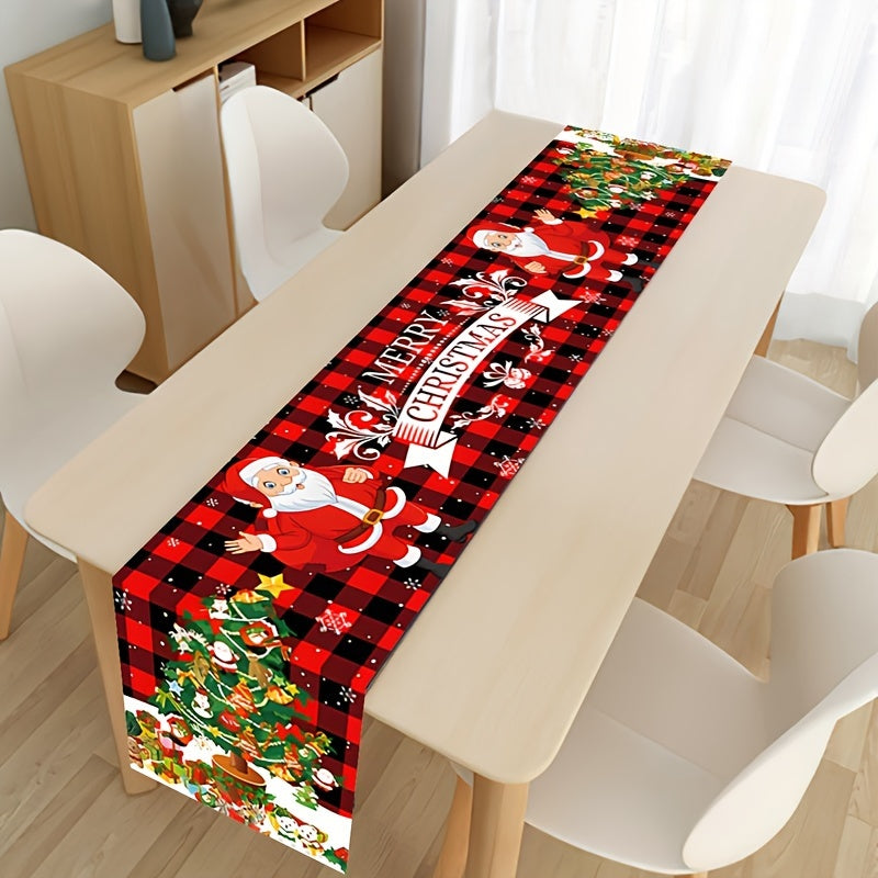 Polyester table runner featuring Santa Claus and reindeer designs, perfect for holiday gatherings and winter home decoration.