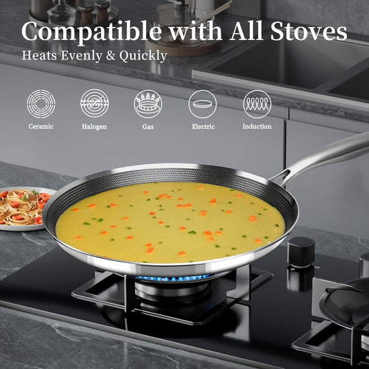 The Gatphy Stainless Steel Skillet features a nonstick honeycomb coating and a detachable handle. It is induction compatible, dishwasher safe, and made with multi-ply material. This skillet is suitable for use on gas stoves, induction cookers, ceramic