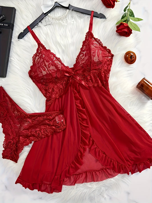 Valentine's Day lace lingerie set with deep V split skirt in plus sizes. Includes free panties and available in multiple colors.